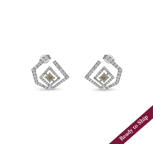 Pentagon Shape With Cushion Cut Diamond White Gold Stud Earrings