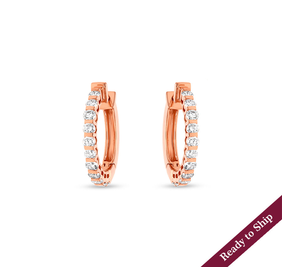 Bar Setting Round Diamond Rose Gold Hoop Earrings