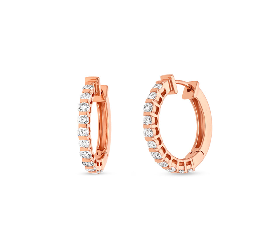 Bar Setting Round Diamond Rose Gold Hoop Earrings