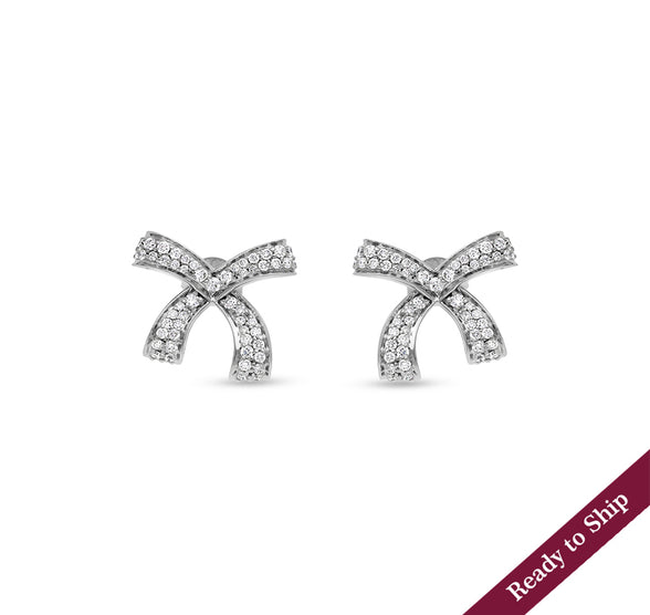 Bow Shape Round Diamond White Gold Stud Earrings