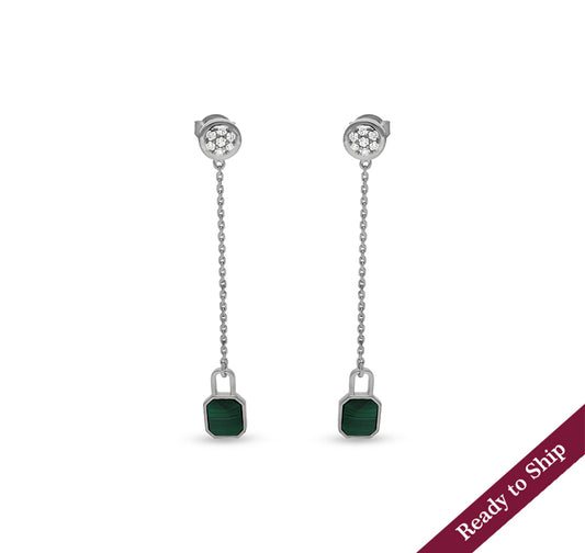 Dangle Lock Green Malachite White Gold Earrings