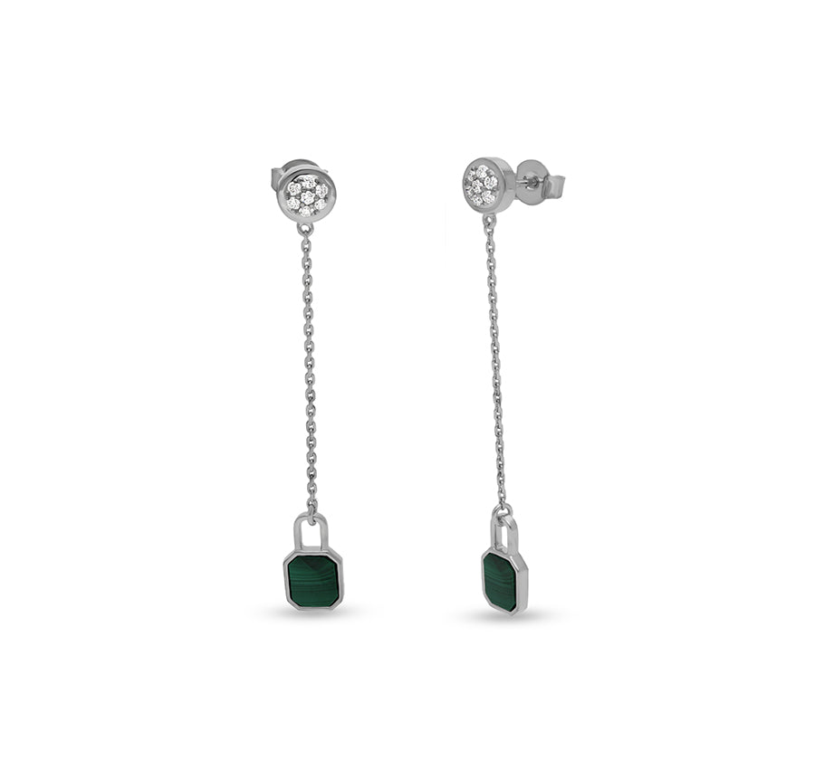 Dangle Lock Green Malachite White Gold Earrings