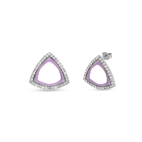 Purple Enamel With Round Diamond White Gold Stud Earrings