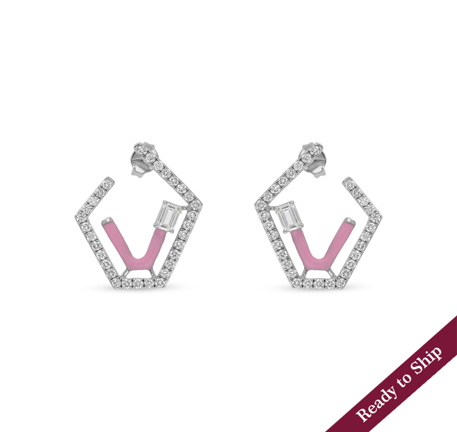 Emerald Cut Center Diamond Pink Enamel Polygon Shape White Gold Stud Earrings