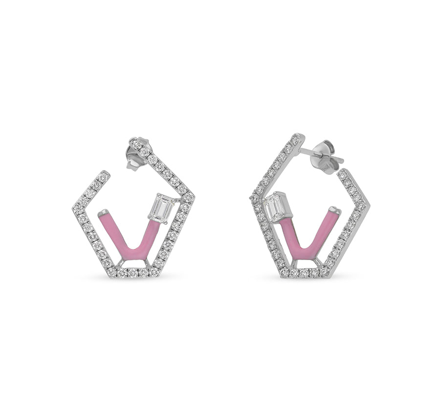 Emerald Cut Center Diamond Pink Enamel Polygon Shape White Gold Stud Earrings