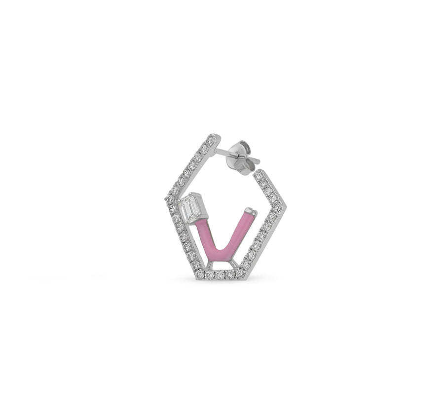 Emerald Cut Center Diamond Pink Enamel Polygon Shape White Gold Stud Earrings