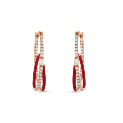 Round Natural and Center Emerald Cut Diamond With Red Enamel Rose Gold Women Hoop Earrings