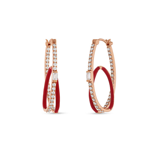 Emerald Cut Center Diamond Red Enamel Rose Gold Hoop Earrings