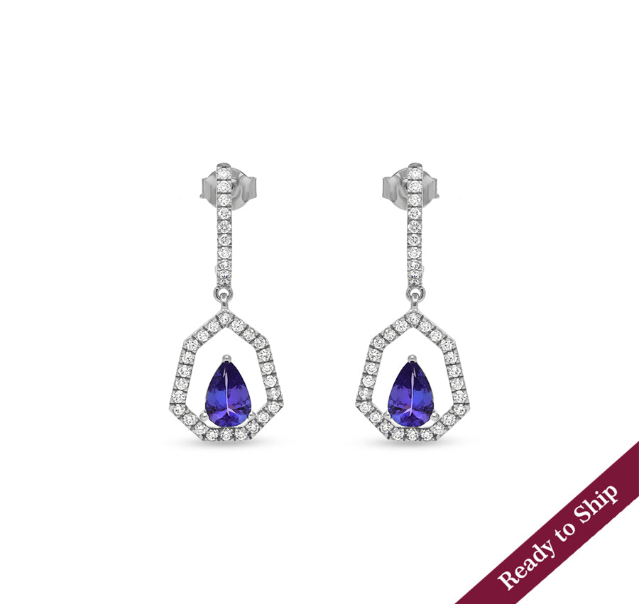 Heptagon Shape Pear Tanzanite Blue Diamond White Gold Dangle Earrings