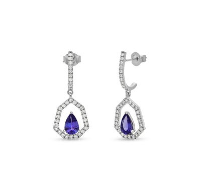 Heptagon Shape Pear Tanzanite Blue Diamond White Gold Dangle Earrings