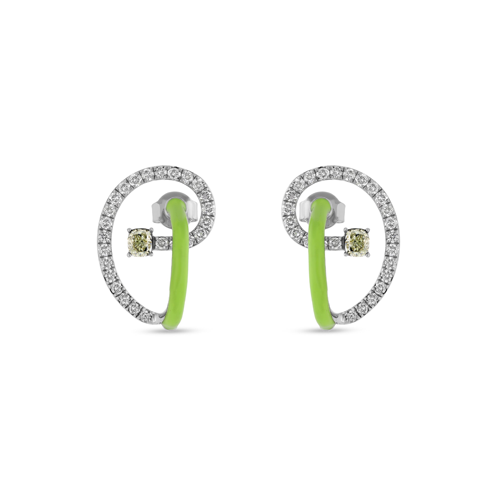 Chartreuse Color Enamel With Cushion Cut Diamond Stud Earrings