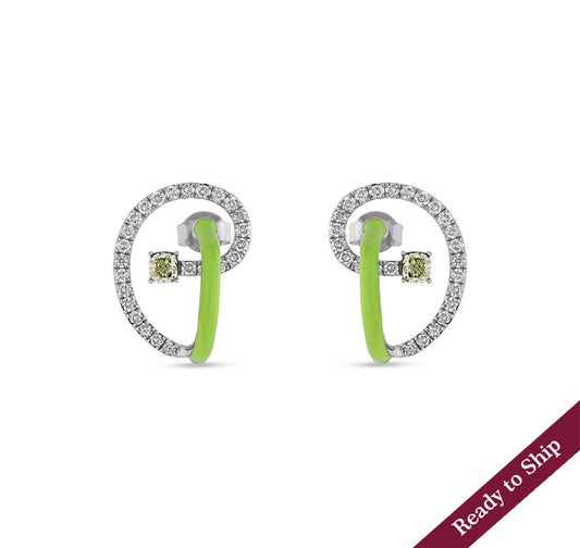 Chartreuse Color Enamel With Cushion Cut Diamond Stud Earrings