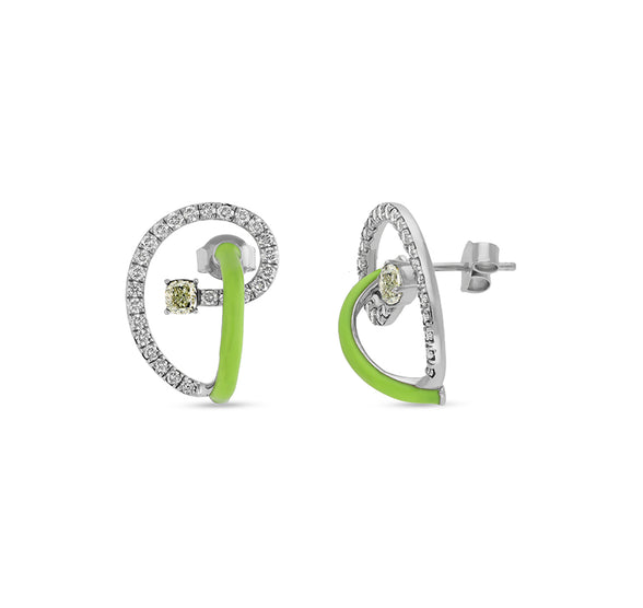 Chartreuse Color Enamel With Cushion Cut Diamond Stud Earrings