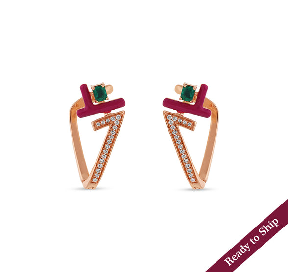 Penrose Triangle Shape With Red Enamel Malachite Emerald Diamond Stud Earrings