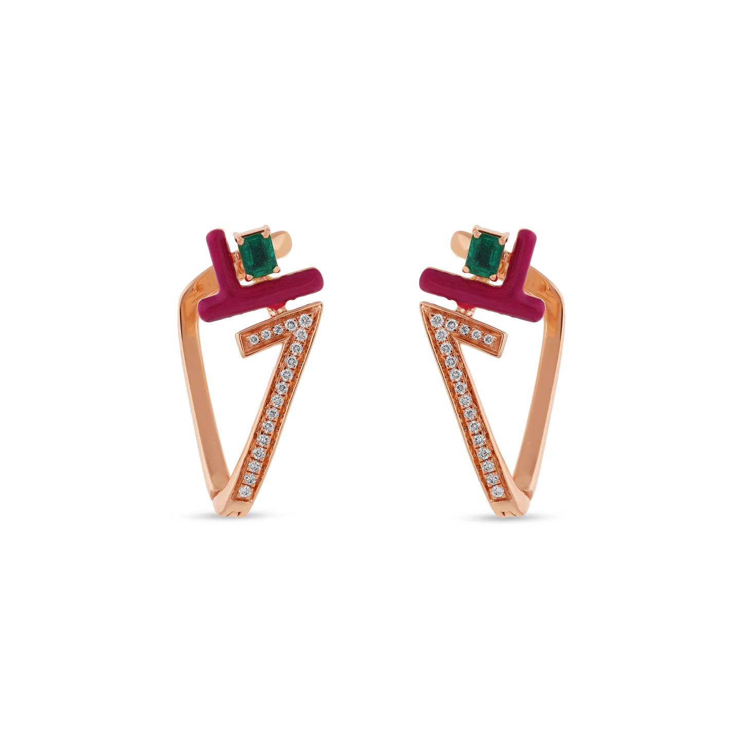 Penrose Triangle Shape Round Natural Diamond With Red Enamel and Malachite Emerald Stone Rose Gold Stud Women Earrings