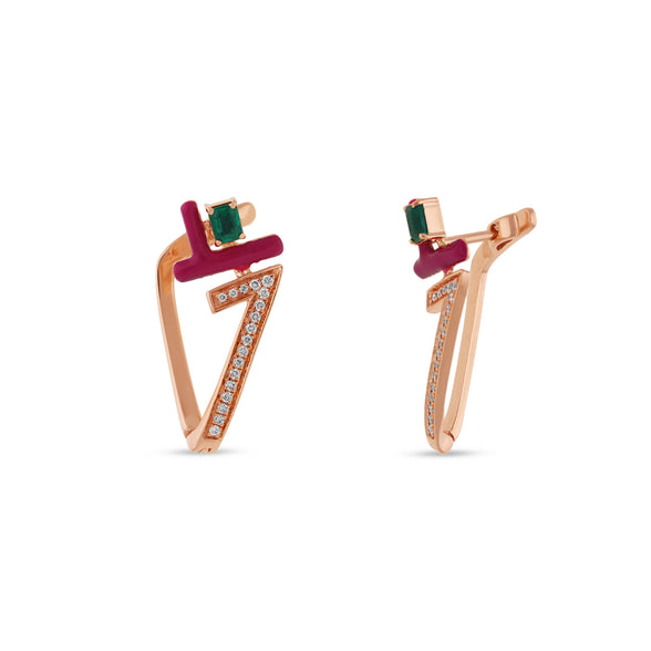 Penrose Triangle Shape Round Natural Diamond With Red Enamel and Malachite Emerald Stone Rose Gold Stud Women Earrings
