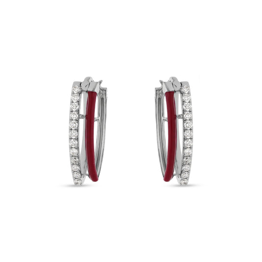 Red Enamel With Round Natural Diamond White Gold Dainty Woman Hoop Earrings
