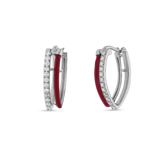 Red Enamel Round Diamond White Gold Woman Hoop Earrings