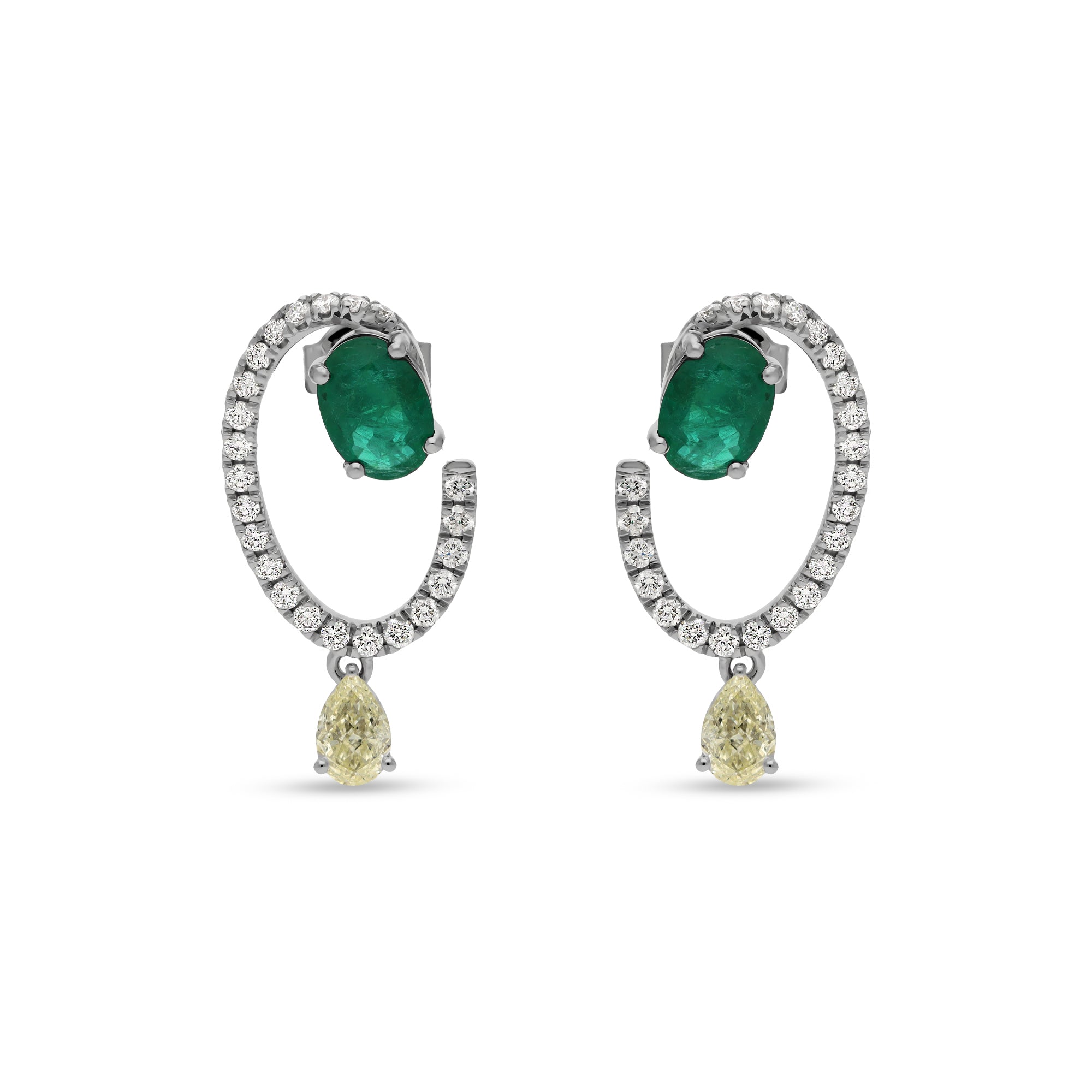 Green Oval Emerald Center Diamond With Pear Shape Diamond White Gold Drop Earrings