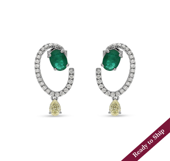 Green Oval Emerald Center Diamond With Pear Shape Diamond White Gold Drop Earrings