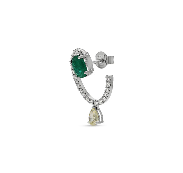 Green Oval Emerald Center Diamond With Pear Shape Diamond White Gold Drop Earrings