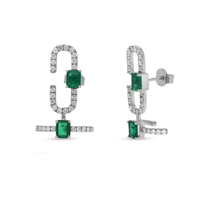 Double Green Emerald Cut Diamond White Gold Stud Woman Earrings