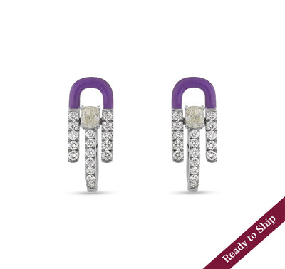 Purple Enamel With Center Emerald Diamond White Gold Hoop Woman Earrings