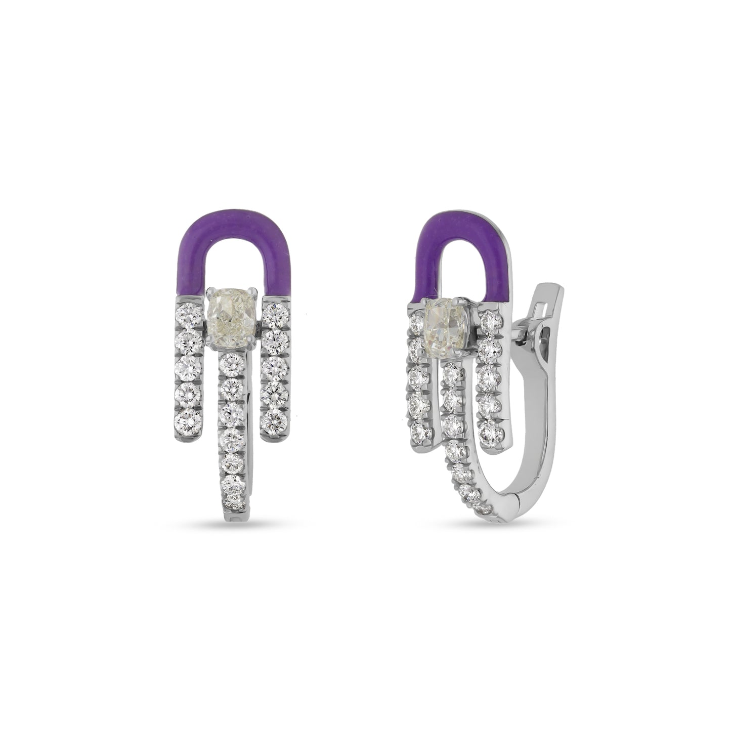Purple Enamel With Center Emerald Cut and Round Natural Diamond White Gold Women Hoop Earrings