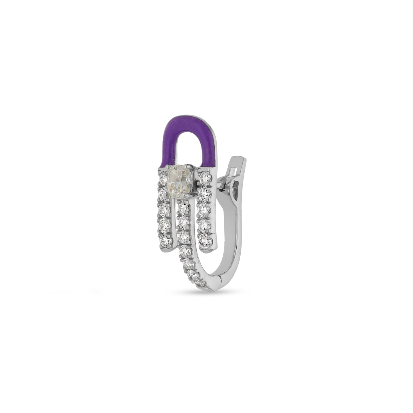 Purple Enamel With Center Emerald Cut and Round Natural Diamond White Gold Women Hoop Earrings