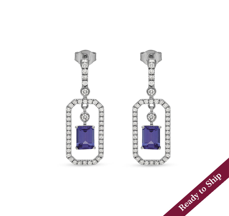 Emerald Shape Blue Tanzanite & Round Diamond White Gold Drop Earrings