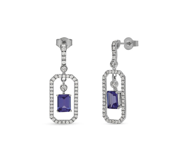 Emerald Shape Blue Tanzanite & Round Diamond White Gold Drop Earrings