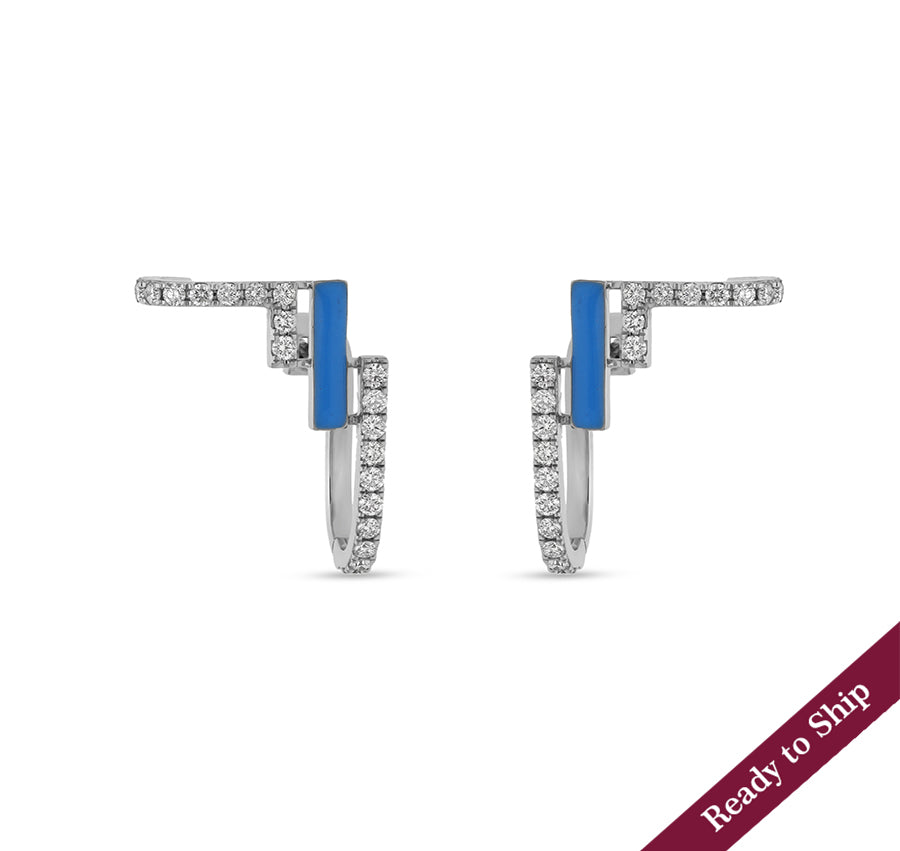 Blue Enamel Round Diamond White Gold Hoop Earrings