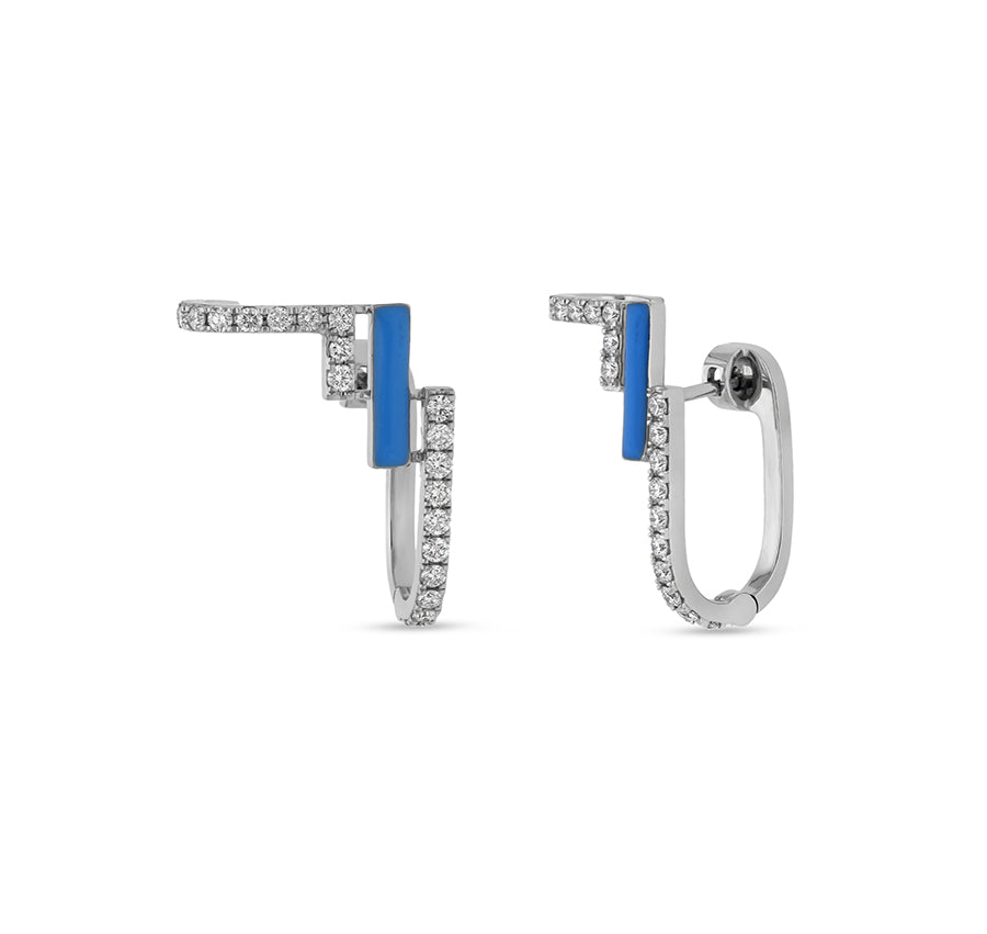 Blue Enamel Round Diamond White Gold Hoop Earrings