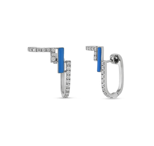 Blue Enamel Round Diamond White Gold Hoop Earrings