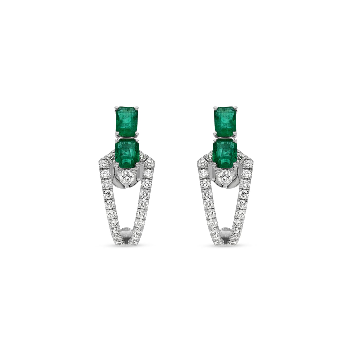 Double Green Emerald Shape With Round Diamond White Gold Stud Earrings