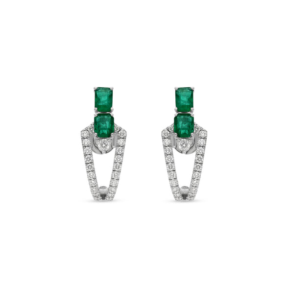 Double Green Emerald Shape With Round Diamond White Gold Stud Earrings