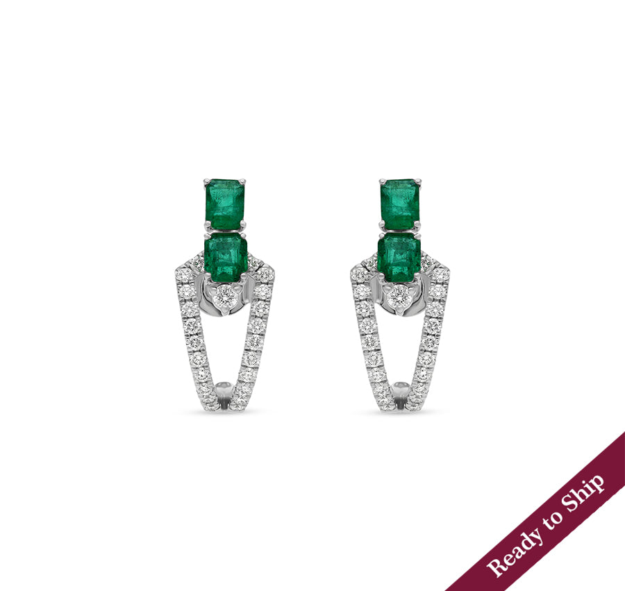 Double Green Emerald Shape With Round Diamond White Gold Stud Earrings