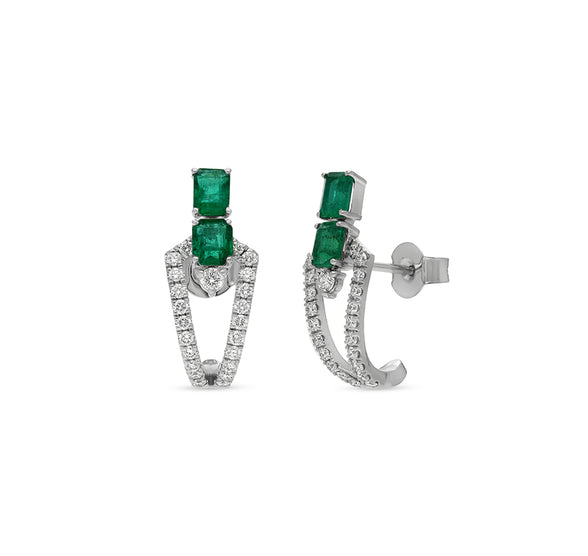 Double Green Emerald Shape With Round Diamond White Gold Stud Earrings