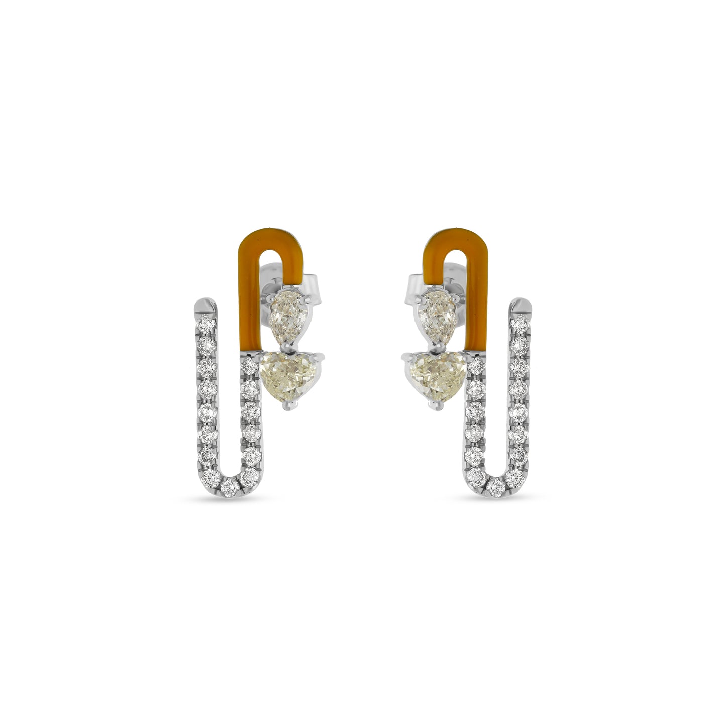 Ocher Yellow Enamel With Center Pear and Heart Diamond White Gold Stud Earrings