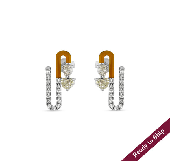 Ocher Yellow Enamel With Center Pear and Heart Diamond White Gold Stud Earrings