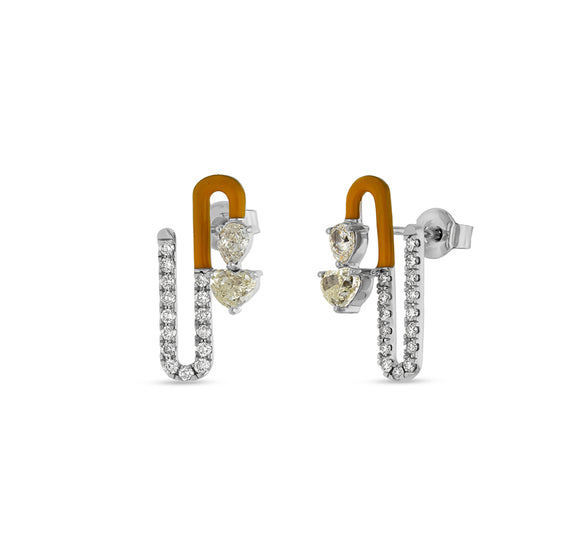 Ocher Yellow Enamel With Center Pear and Heart Diamond White Gold Stud Earrings