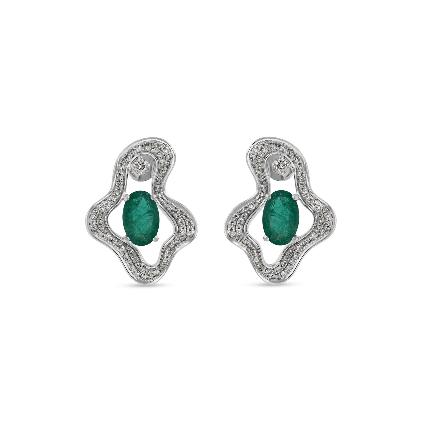 Amoeba Shape Green Oval Emerald Diamond White Gold Stud Earrings