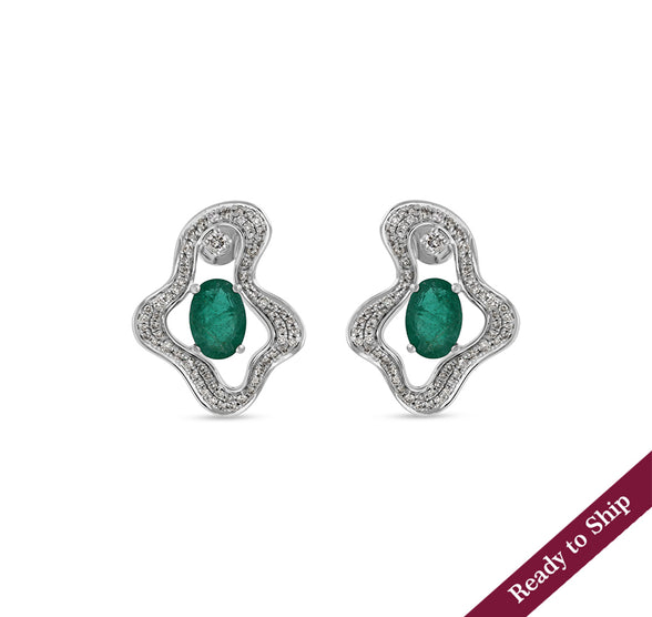 Amoeba Shape Green Oval Emerald Diamond White Gold Stud Earrings