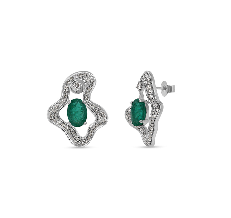 Amoeba Shape Green Oval Emerald Diamond White Gold Stud Earrings