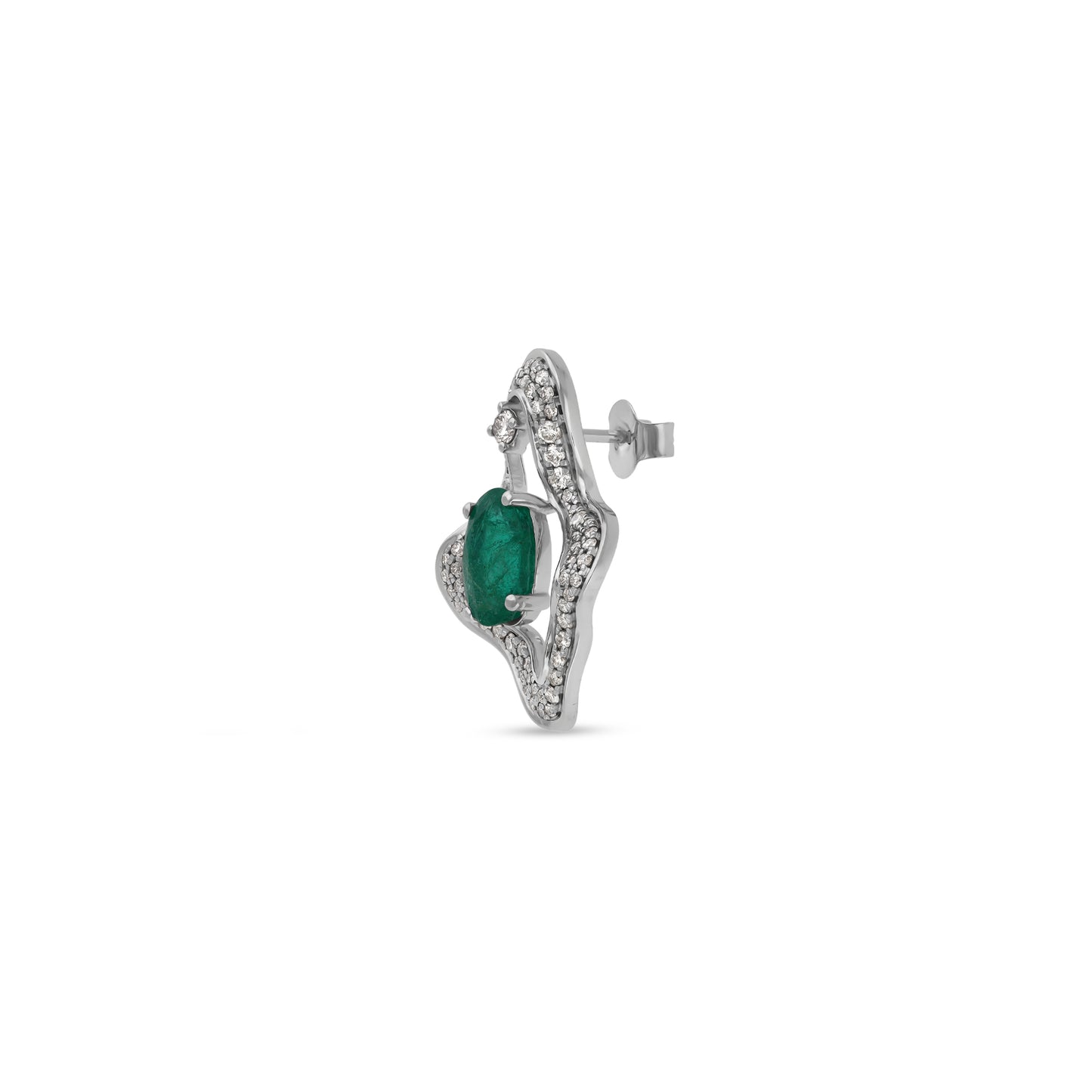 Amoeba Shape Green Oval Emerald Diamond White Gold Stud Earrings