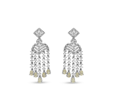 Yellow Pear And Round Natural Diamond White Gold Dangle Earrings