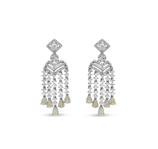 Yellow Pear And Round Natural Diamond White Gold Chandelier Delicate Women Earrings