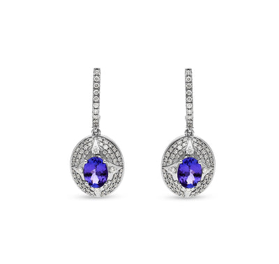 Blue Oval Tanzanite Stone With Round Natural Diamond White Gold Dangle Earrings