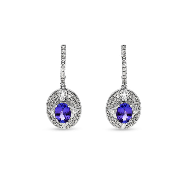 Dazzlingrock Collection Each Oval Blue Gemstone & Round Natural Diamond White Gold Women Dangling Drop Earrings