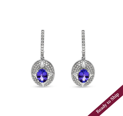 Blue Oval Tanzanite Stone With Round Natural Diamond White Gold Dangle Earrings